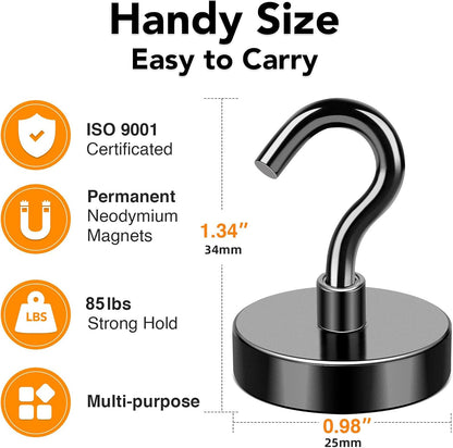 MIKEDE Heavy-Duty Black Magnetic Hooks - 85Lbs Strength for Cruise Cabins & Kitchen | Pack of 10