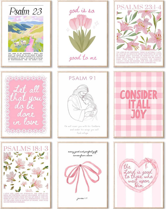 Skiennix 9-Piece Pink Christian Wall Art Set - Trendy Bible Verses & Psalms Decor | 8x10 Inch Prints for Girls' Rooms