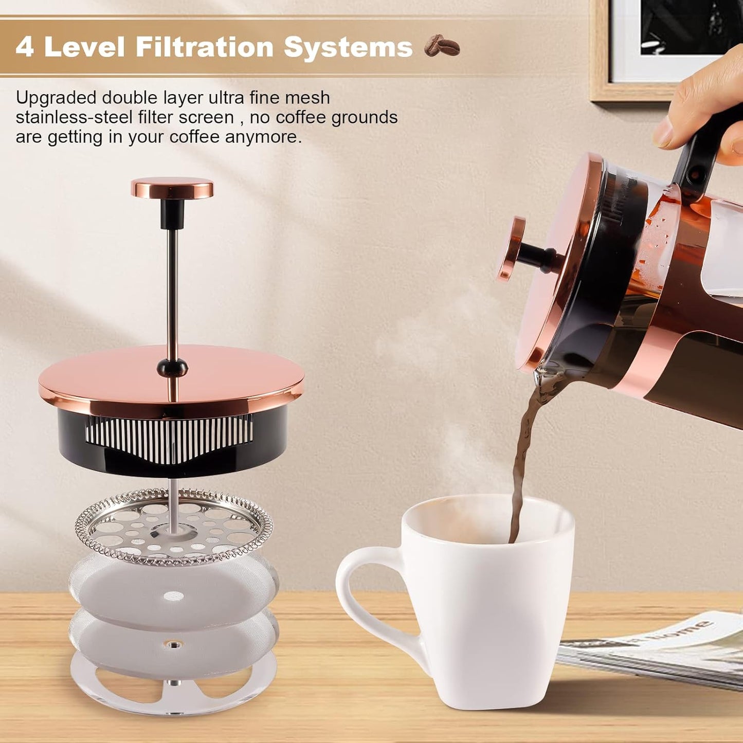 Skiennix French Press Coffee & Tea Maker - 1000ml Heat-Resistant Glass with 4-Level Filtration, Rose Gold