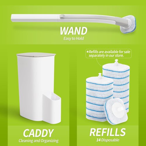 IVYROLL Toilet Bowl Cleaner Wand - Disposable Brush Set with 14 Refills & Holder for Easy Cleaning
