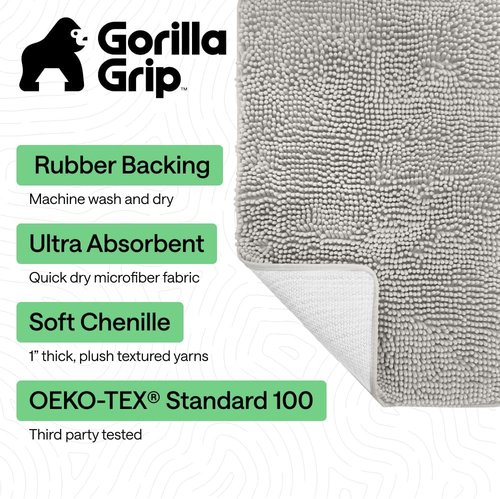GORILLA GRIP Bath Rug Mat - Soft Absorbent Chenille | Quick Dry Microfiber, 60x17, Light Gray