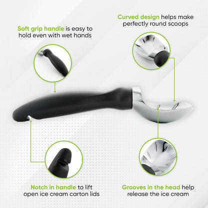 Spring Chef Ice Cream Scoop - Professional Heavy Duty Sturdy Scooper with Soft Grip Handle | 2 Pack, Black