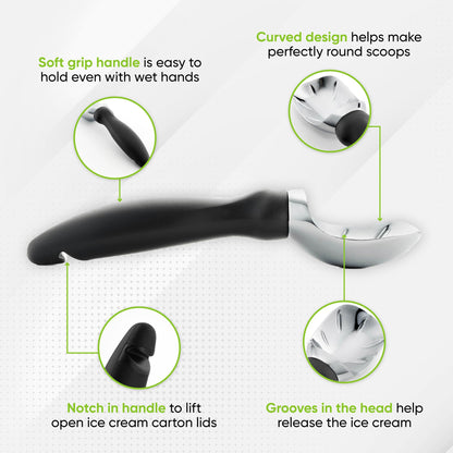 Spring Chef Stainless Steel Can Opener with Smooth Edge & Heavy Duty Professional Ice Cream Scoop - 2 Product Bundle - Black