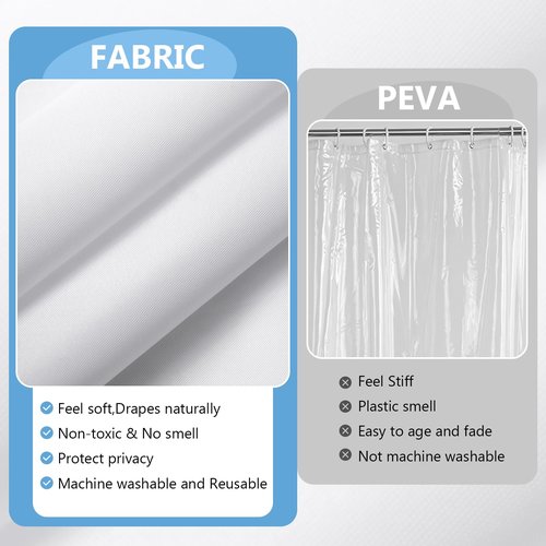 PILOTSHARK 120GSM Ultimate Waterproof Fabric Shower Curtain Liner - TPU Lamination Technology with 3 Magnets,Machine Washable,71x72 Inch Soft Cloth Shower Curtain or Shower Liner,for Bathroom(White)
