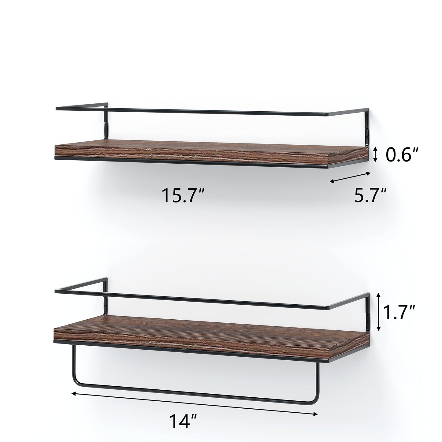 Shario Rustic Wood Floating Shelves - Set of 2, Wall Mounted Hanging Shelves with Black Towel Rack, Decorative Storage Shelves for Bathroom, Kitchen, Living Room & Bedroom (Dark Carbonized Brown)