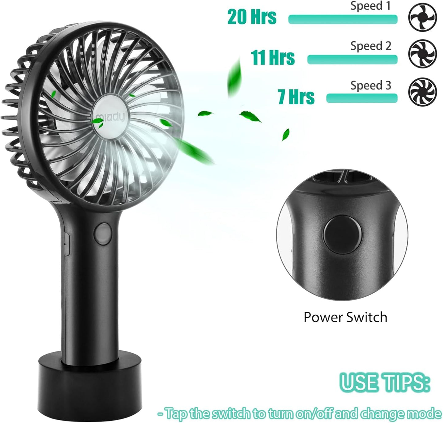 Miady Portable Handheld Fan - 5000mAh Mini USB with 3 Speeds | Strong Wind for Travel & Office