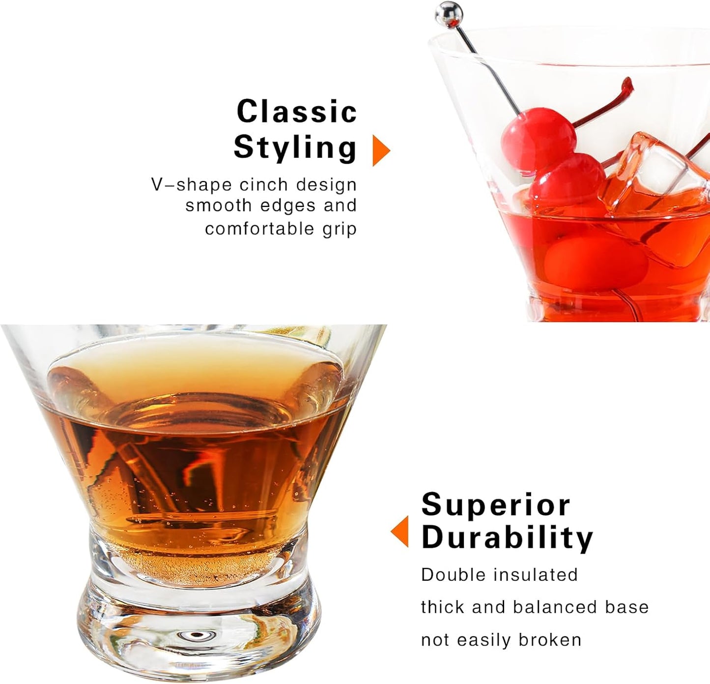 WOTOR Stemless Martini Glasses Set of 4, 8oz Cocktail Glass Set, Fancy Modern Martini Cups for Bar, Short and Small Margarita glasses