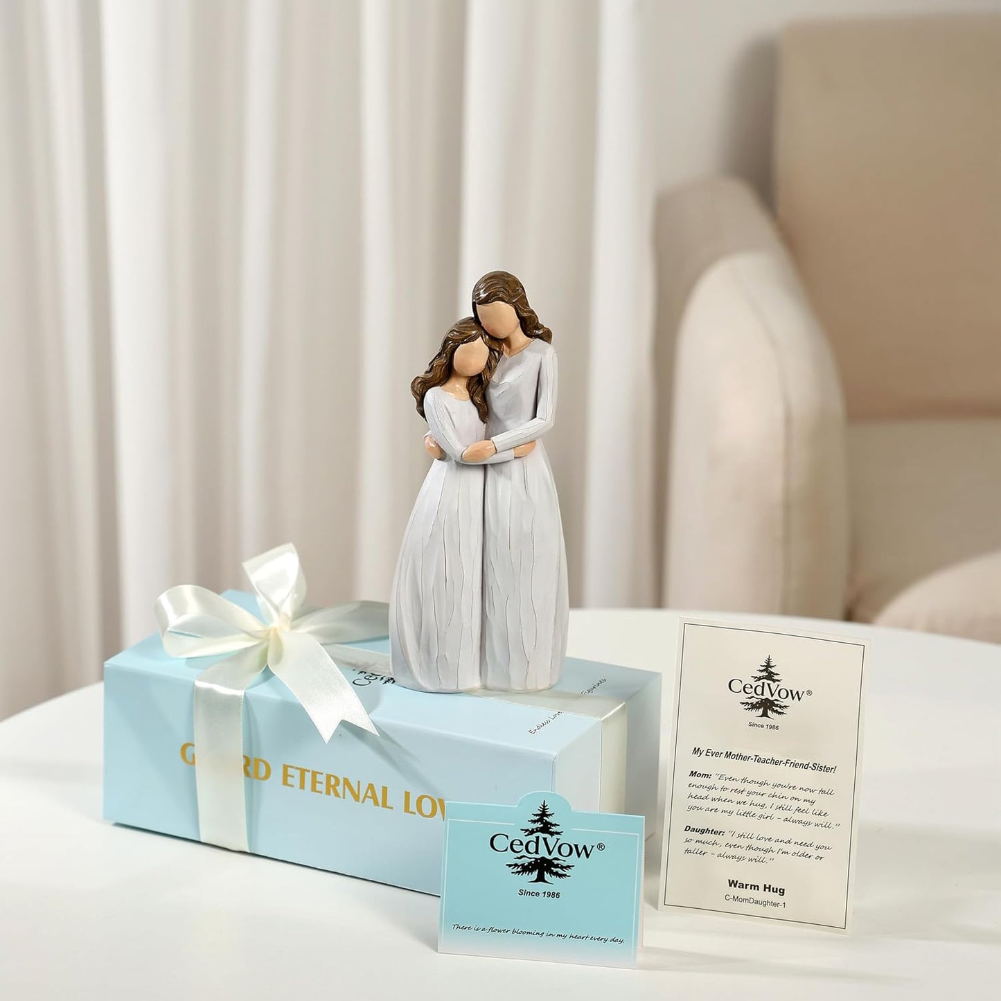 Skiennix Warm Hug Mother's Day Figurine - Solid Resin Mother & Daughter Statue | 7.7'' Luxury Gift Box with Ribbon & Card
