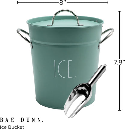 Rae Dunn Ice Bucket with Scoop - Stainless Steel Bucket with Handle, Lid and Ice Scooper - 4 Qt. Storage Bin for Ice Cubes for Bars, Parties, Backyard Barbeques, Picnics, and Camping (Sage)