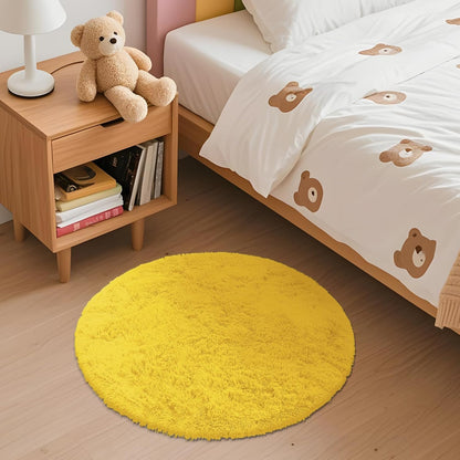 OLANLY Yellow Round Area Rug - Soft, Fluffy, Machine Washable 2 ft Circle Carpet for Bedroom & Nursery Decor