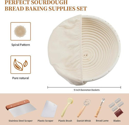 Dimpola Banneton Bread Proofing Basket Set - Handmade Rattan Sourdough Bowl | Round Design