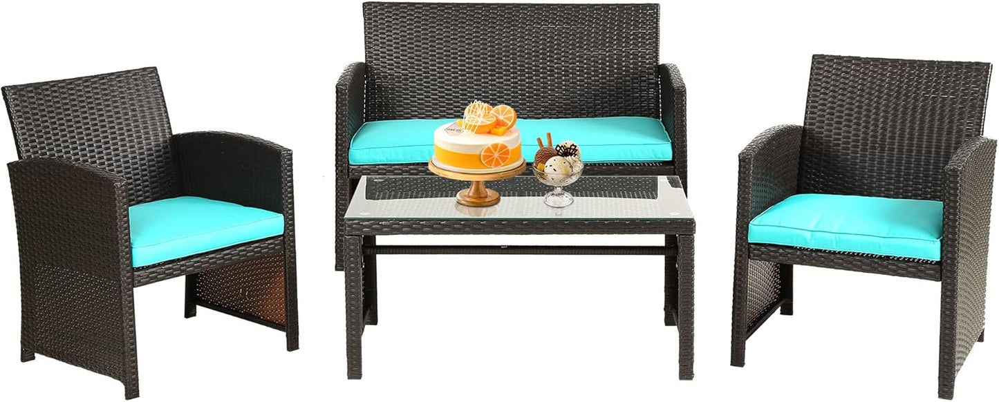 Skiennix Outdoor Furniture Set - 4-Piece Wicker Rattan Patio Conversation Set for Garden | Brown & Blue