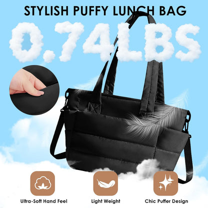 Wdmiya Insulated Lunch Bag - Lightweight Quilted Tote with Lunch Compartment & Cup Holder | Black