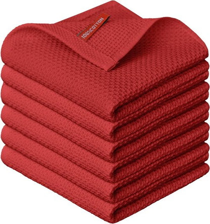 Artoid Mode 100% Cotton Dark Red Kitchen Dish Cloths - Ultra Soft & Absorbent | Set of 6, 12x12 Inch