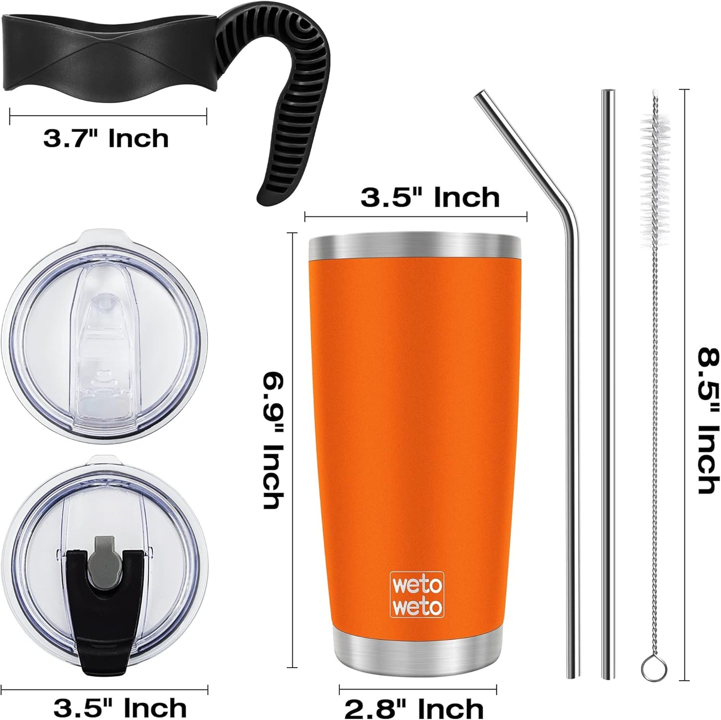 WETOWETO 20oz Stainless Steel Tumbler - Vacuum Insulated Travel Mug with 2 Lids & Straws | Orange