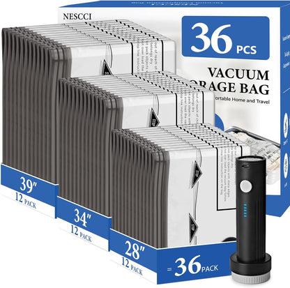 NESCCI Travel Vacuum Bags - 36 Pack Compression Packing Bags with Rechargeable Wireless Air Pump | Space Saver for Luggage & Carry-On