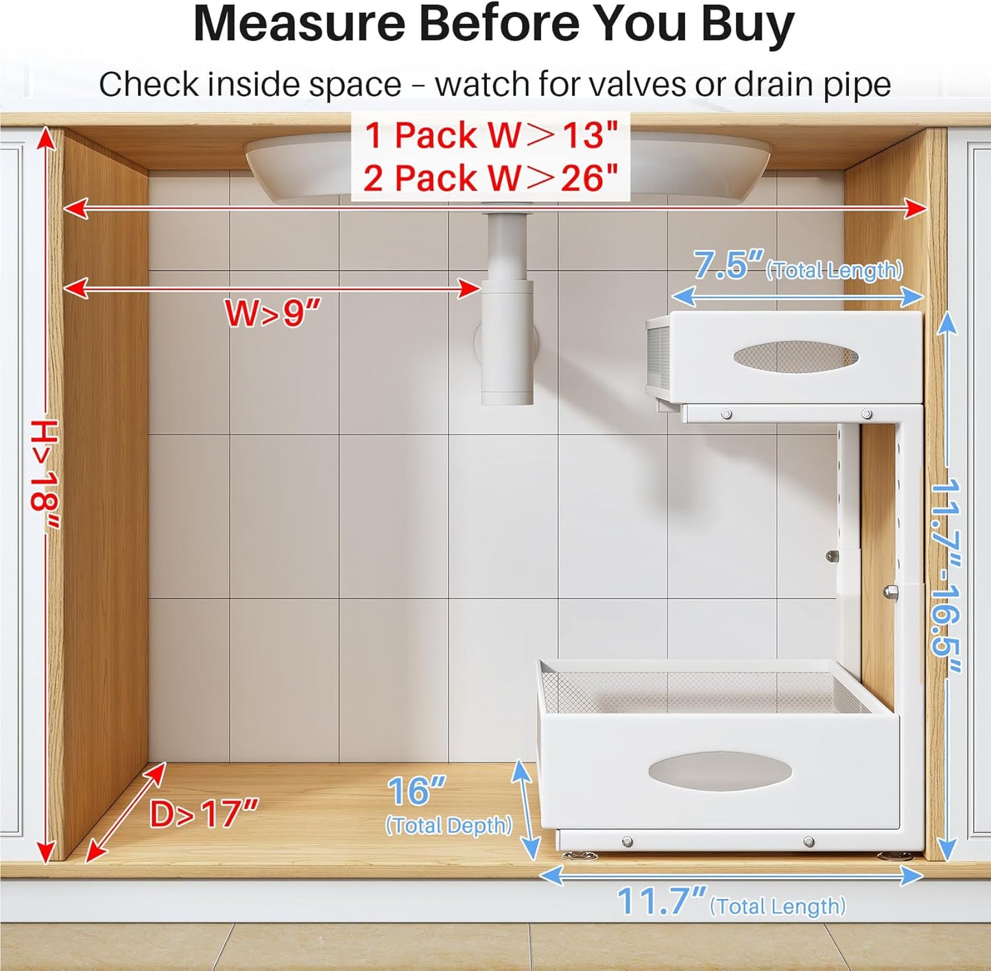 Under Sink Organizer | 2-Pack 2-Tier Pull-Out Shelf with Mesh Drawers for Kitchen & Bathroom