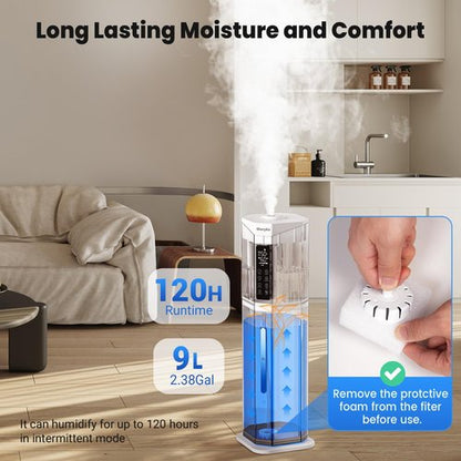 GloryAir Humidifier - 2.38 Gal Top Fill Cool Mist for Large Rooms | 120-Hour Run Time, Auto Mode, 7-Color Light