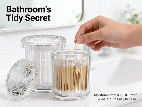 Clear Apothecary Jars - 2 Pack Glass Qtip Holder Dispenser Set for Cotton Swabs & Makeup Storage
