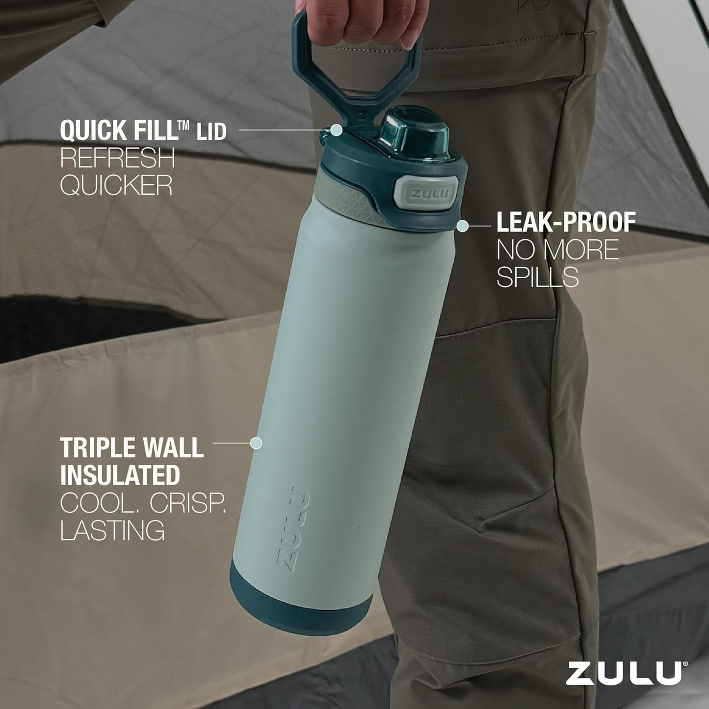 ZULU Powerfill Pro 32oz Stainless Steel Water Bottle - Quick Fill Lid & Triple Walled Insulation | Evergreen Color