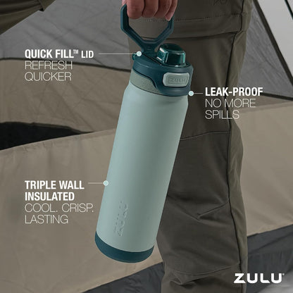 ZULU Powerfill Pro 32oz Stainless Steel Water Bottle - Quick Fill Lid & Triple Walled Insulation | Evergreen Color