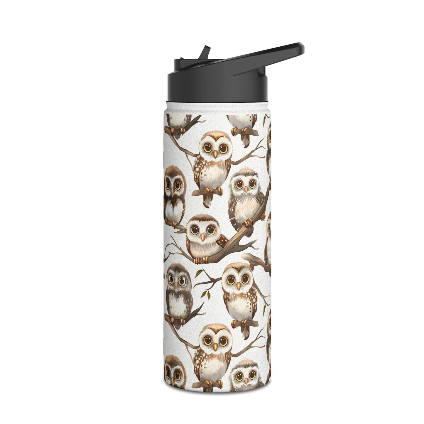 Insulated Water Bottle Thermos, 18oz, Cute Owlets - Double Walled Stainless Steel, Keeps Drinks Hot or Cold