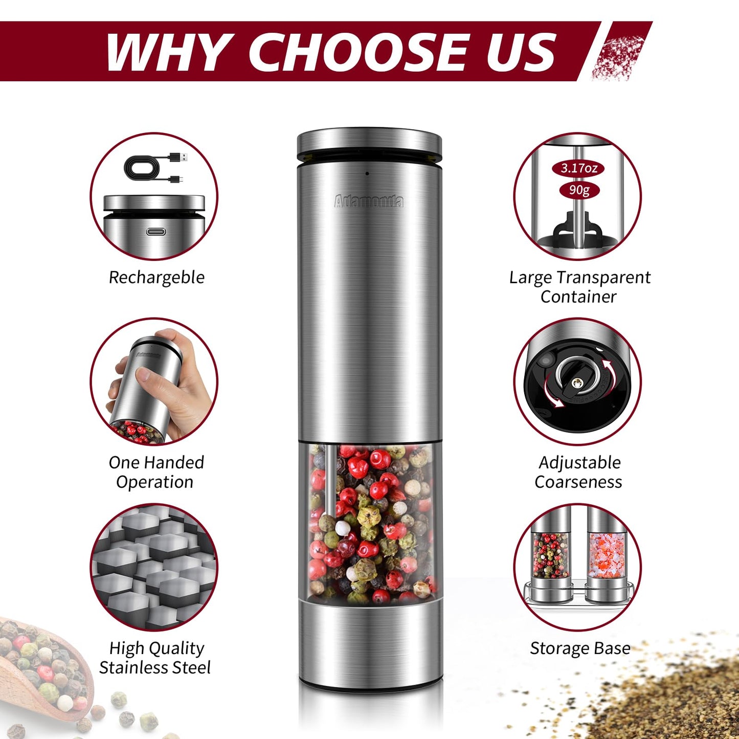 Stainless Steel Rechargeable Lighted Electric Salt and Pepper Grinder Set with Adjustable Coarseness,One Hand Operation Automatic Salt and Pepper Mill Grinder Shakers,2 Packs