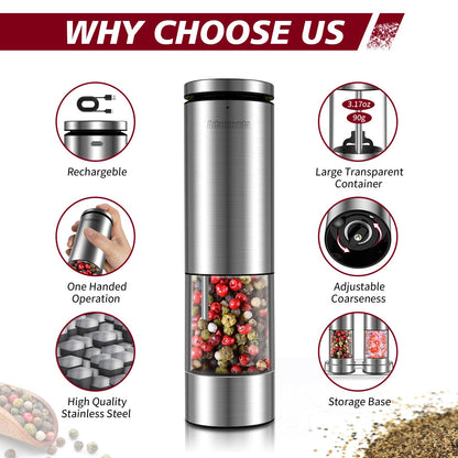 Stainless Steel Rechargeable Lighted Electric Salt and Pepper Grinder Set with Adjustable Coarseness,One Hand Operation Automatic Salt and Pepper Mill Grinder Shakers,2 Packs