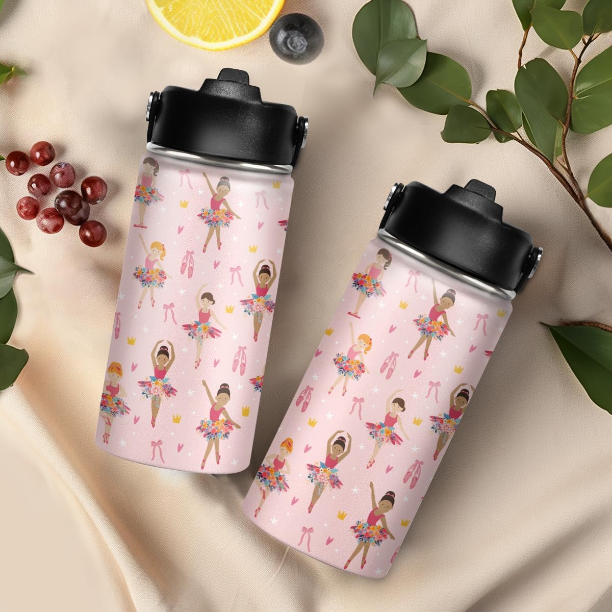 Skiennix Kids Water Bottle - 12oz Insulated Stainless Steel Tumbler with Straw | Ballet Design for School