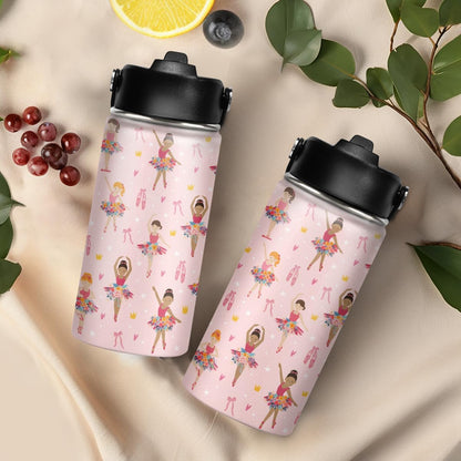 Skiennix Kids Water Bottle - 12oz Insulated Stainless Steel Tumbler with Straw | Ballet Design for School
