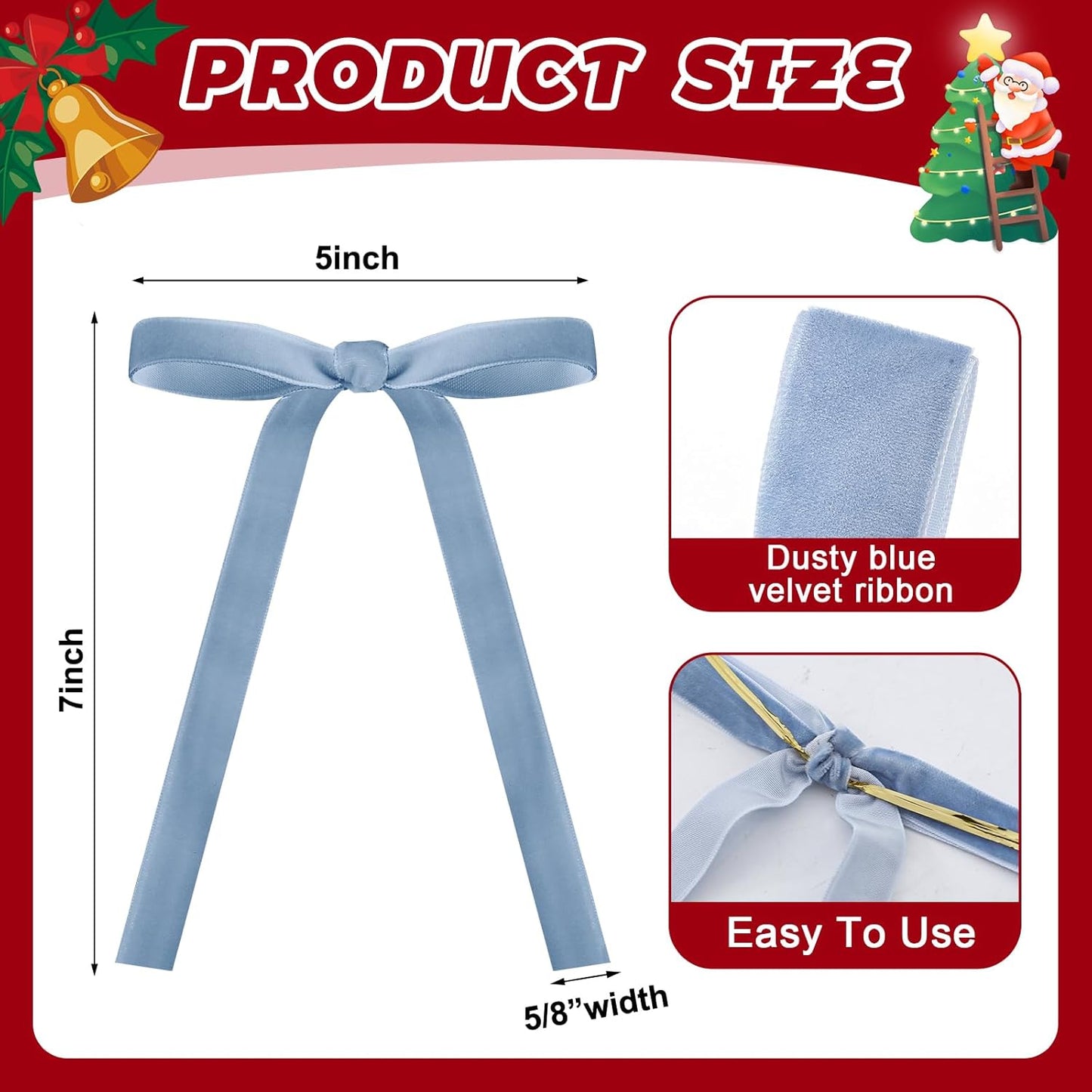 Skiennix 24 Pcs Velvet Bows - Vintage Ribbon Bows for Christmas Tree & Crafts | Dusty Blue, 5 x 7 Inch