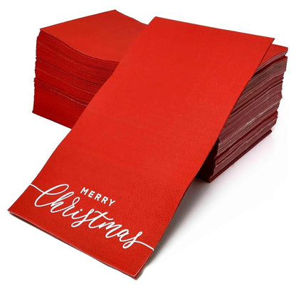 Merry Christmas Guest Napkins Disposable Paper (100) 7.5 x 4.25 in – Red Holly Design