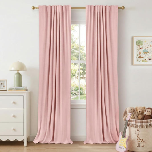 Skiennix 100% Blackout Linen Curtains - Thermal Insulated Drapes for Bedroom | 90" Long, Baby Pink, 2 Panels Set