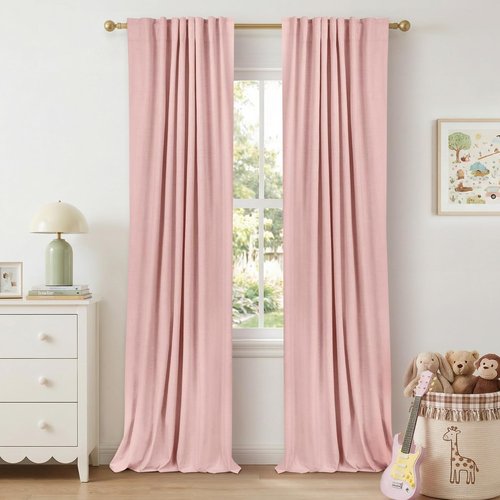 100% Blackout Shield Linen Blackout Curtains for Bedroom 96 Inches Long, Back Tab/Rod Pocket Living Room Drapes, Thermal Insulated Blackout Curtains 2 Panels Set, 50" W x 96" L,Baby Pink