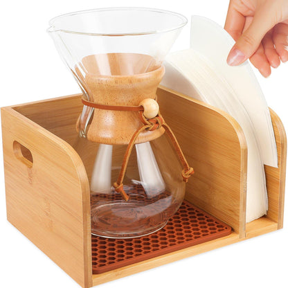 Bamboo Caddy for Chemex CoffeeMakers - with Heatproof trivets mat, Designed for Chemex Pour - Over Glass Coffeemaker(3/5/6/8/10Cup), for Bodum Pour Over Coffee makers(4/8Cup) - Bamboo cup not included