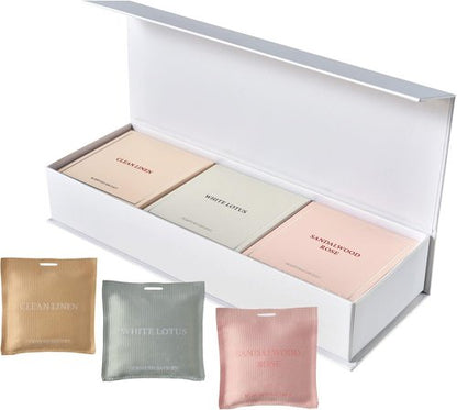 COCORRÍNA Scented Sachet Set - 3 Aromatic Bags in Sandalwood Rose, Clean Linen & White Lotus | Ideal Car Air Freshener Gift