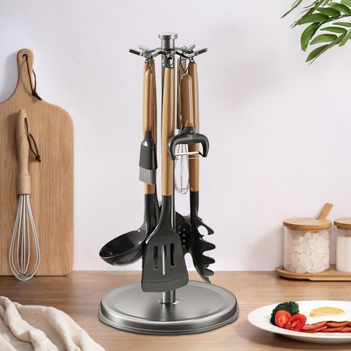 Kitchen Utensil Hanger Stainless Steel Utensil holder Rotatable Cooking Utensils Holder with 8 Hooks, Hanging Spoon Spatula Holder, Black