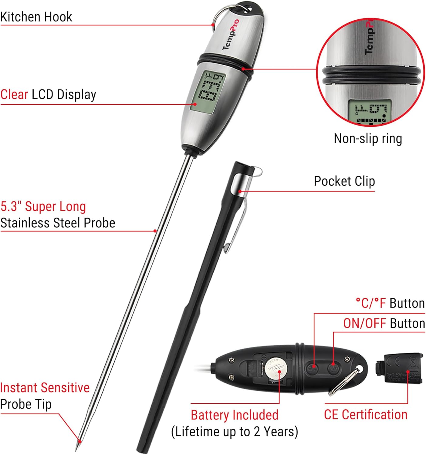 TempPro Digital Food Thermometer - Super Long Probe for Cooking, Baking, and BBQ | Ideal for Meat & Sourdough
