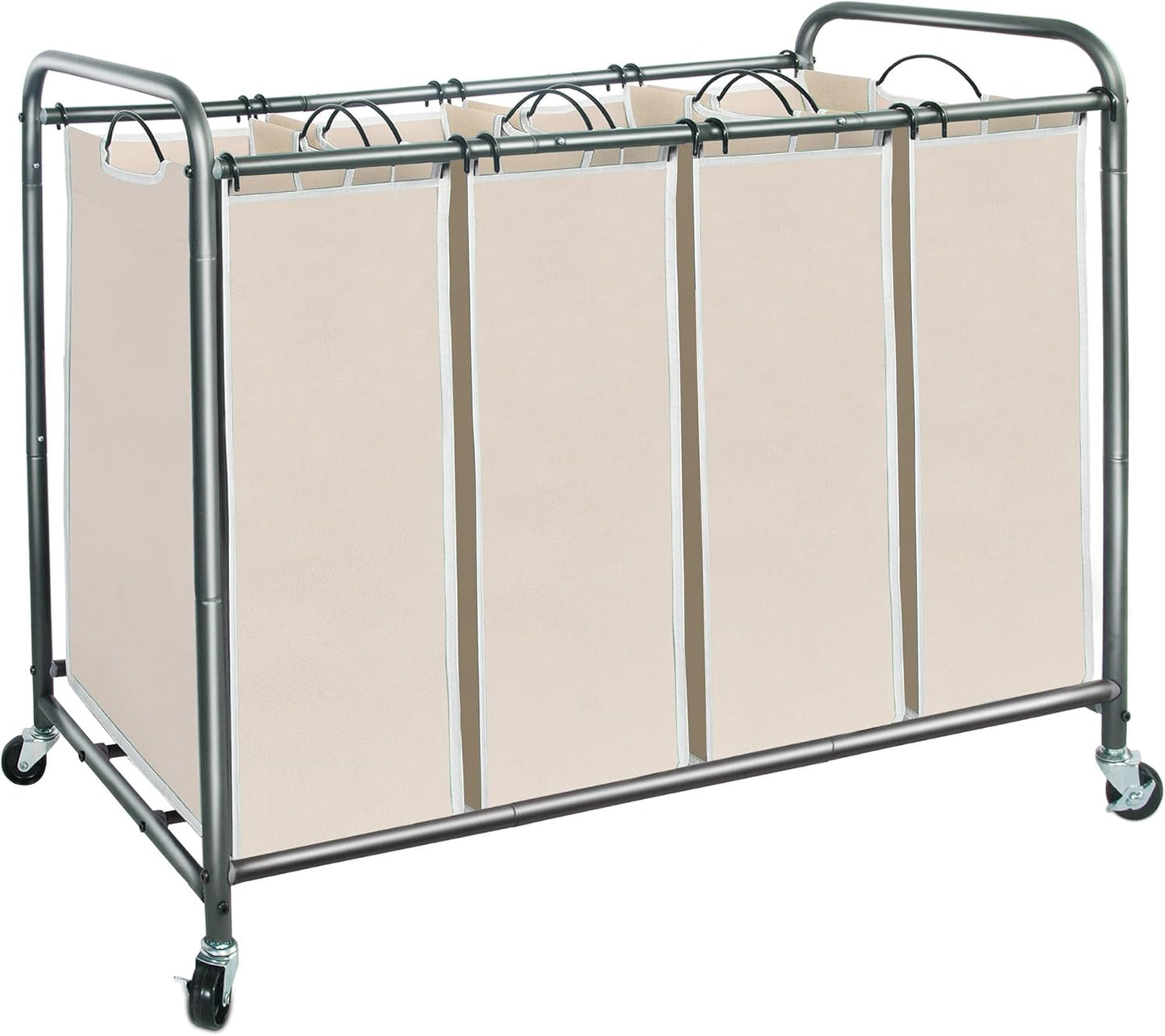 Storage Maniac Laundry Sorter - 4-Section 47.8 Gal Hamper Cart with Wheels & Removable Bags | Beige