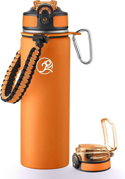GOSWAG Insulated Sports Water Bottle - 24oz Stainless Steel with 2 Lids & Paracord Handle