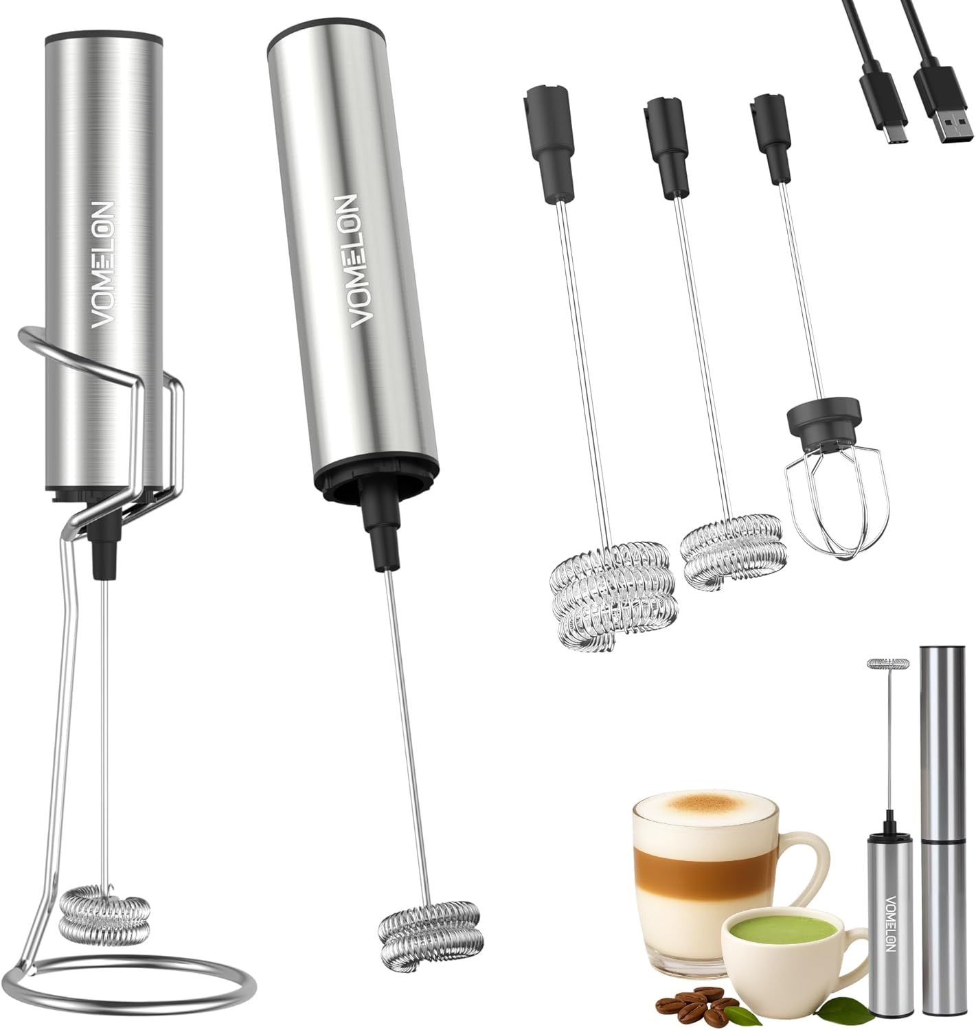 Skiennix Rechargeable Milk Frother - Powerful USB-C Handheld Mixer for Coffee, Latte & Matcha - Silver