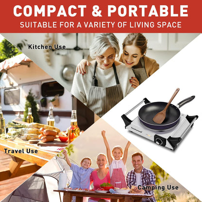 Techwood Single Burner Hot Plate - 1500W Electric Stove with Adjustable Temperature & Stay Cool Handles | 7.3" Cooktop in Silver for RV/Home