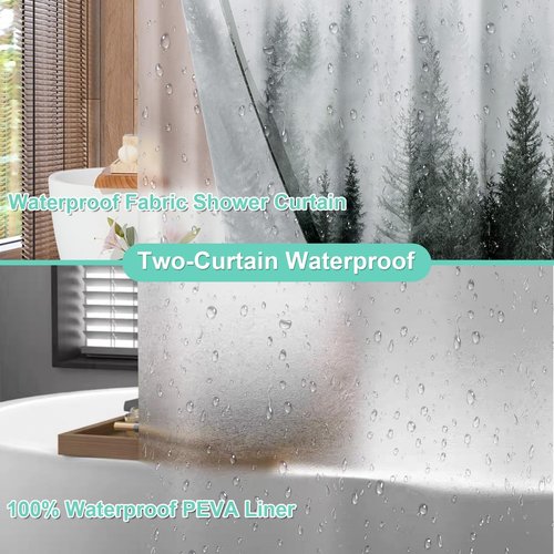 ORTIGIA 3 in 1 Waterproof Shower Curtain and Clear PEVA Liner Set with 12 Double Sided Metal Shower Curtain Hooks, Black Misty Forest Tree Soft Fabric Shower Curtain for Bathroom - 72 Wx72 L