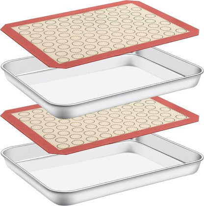Deedro Baking Sheet Set - Stainless Steel Cookie Sheets with Silicone Mats | 4-Piece Set, 10 x 8 x 1 Inch, Non-Toxic, Heavy Duty, Easy Clean