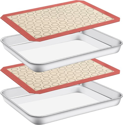 Deedro Baking Sheet Set - Stainless Steel Cookie Sheets with Silicone Mats | 4-Piece Set, 10 x 8 x 1 Inch, Non-Toxic, Heavy Duty, Easy Clean