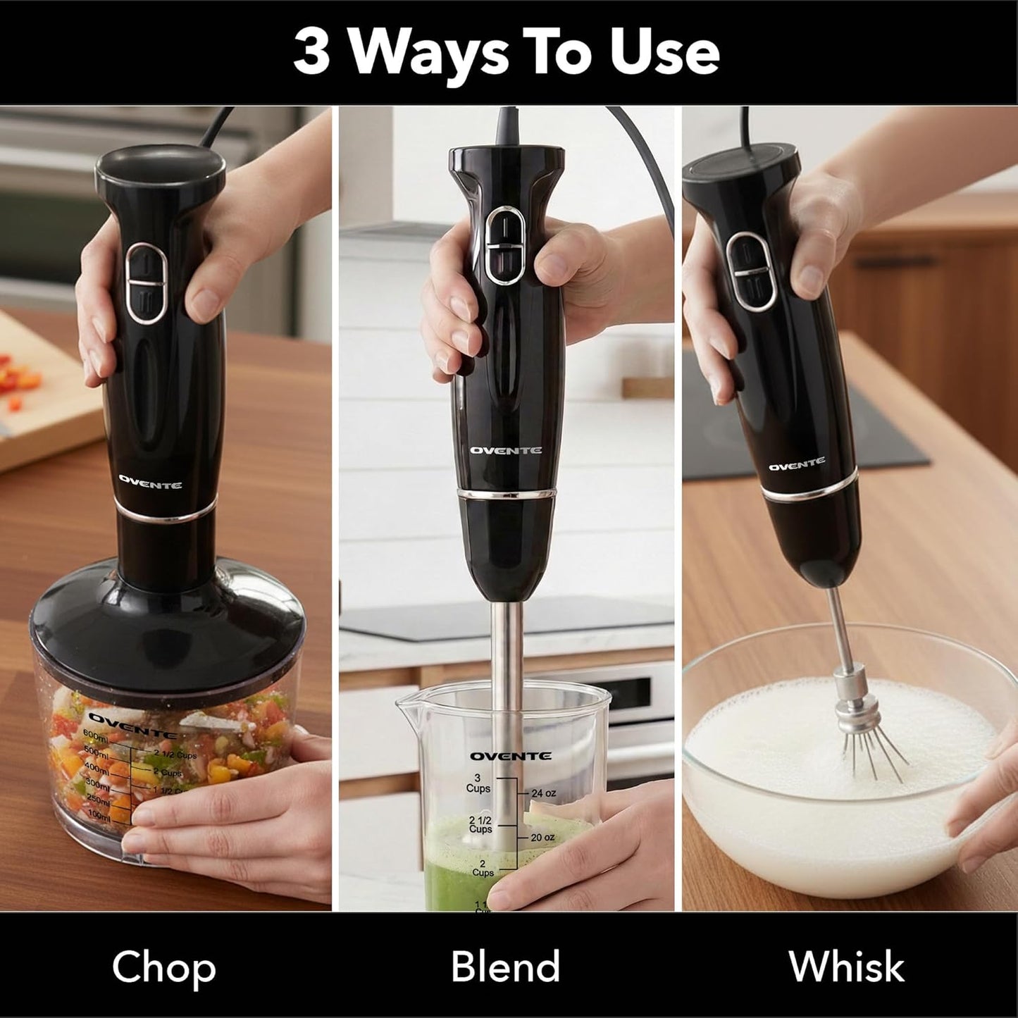 OVENTE Immersion Hand Blender Set - 300W Electric Stick Mixer with Stainless Steel Blades & Whisk, Black