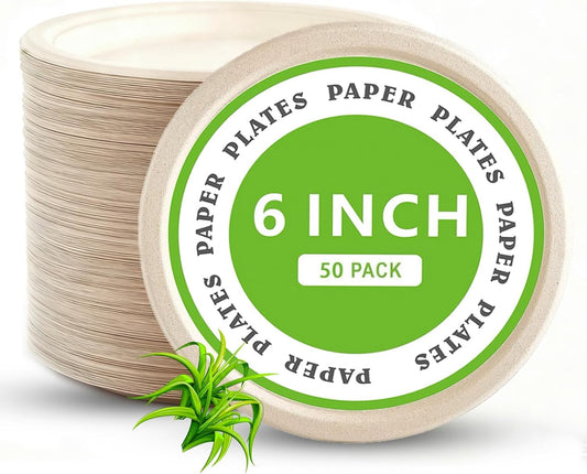 Skiennix Heavy Duty Disposable Paper Plates - Soak & Cut Proof Biodegradable Bagasse | 6 Inch, 50 Pack