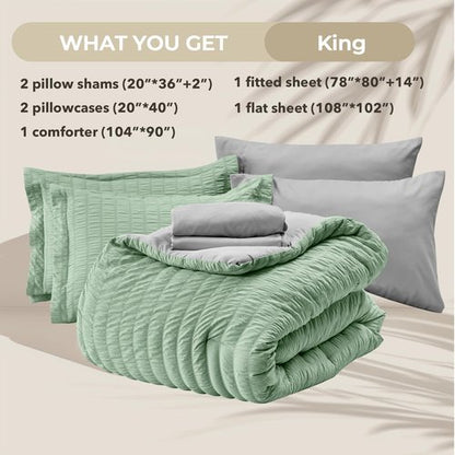 HYMOKEGE Sage Green/Light Grey King Size Comforter Set Seersucker 7 Pieces, All Season Luxury Bed in a Bag for Bedroom, Bedding Set with Comforter, Sheets, Pillowcases & Shams