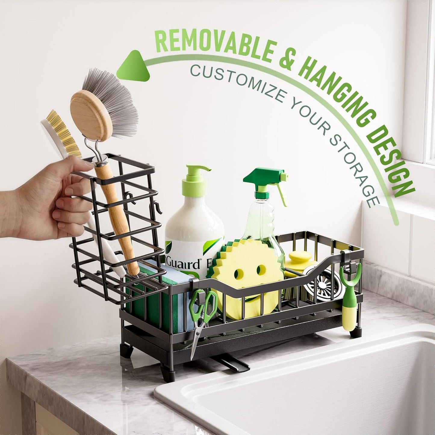 Skiennix Kitchen Sink Caddy - Rustproof Stainless Steel Sponge Holder & Dish Brush Organizer | Black