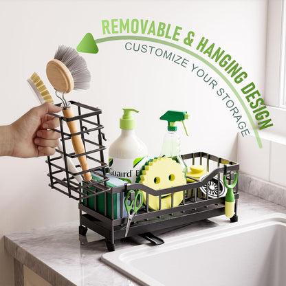 Skiennix Kitchen Sink Caddy - Rustproof Stainless Steel Sponge Holder & Dish Brush Organizer | Black
